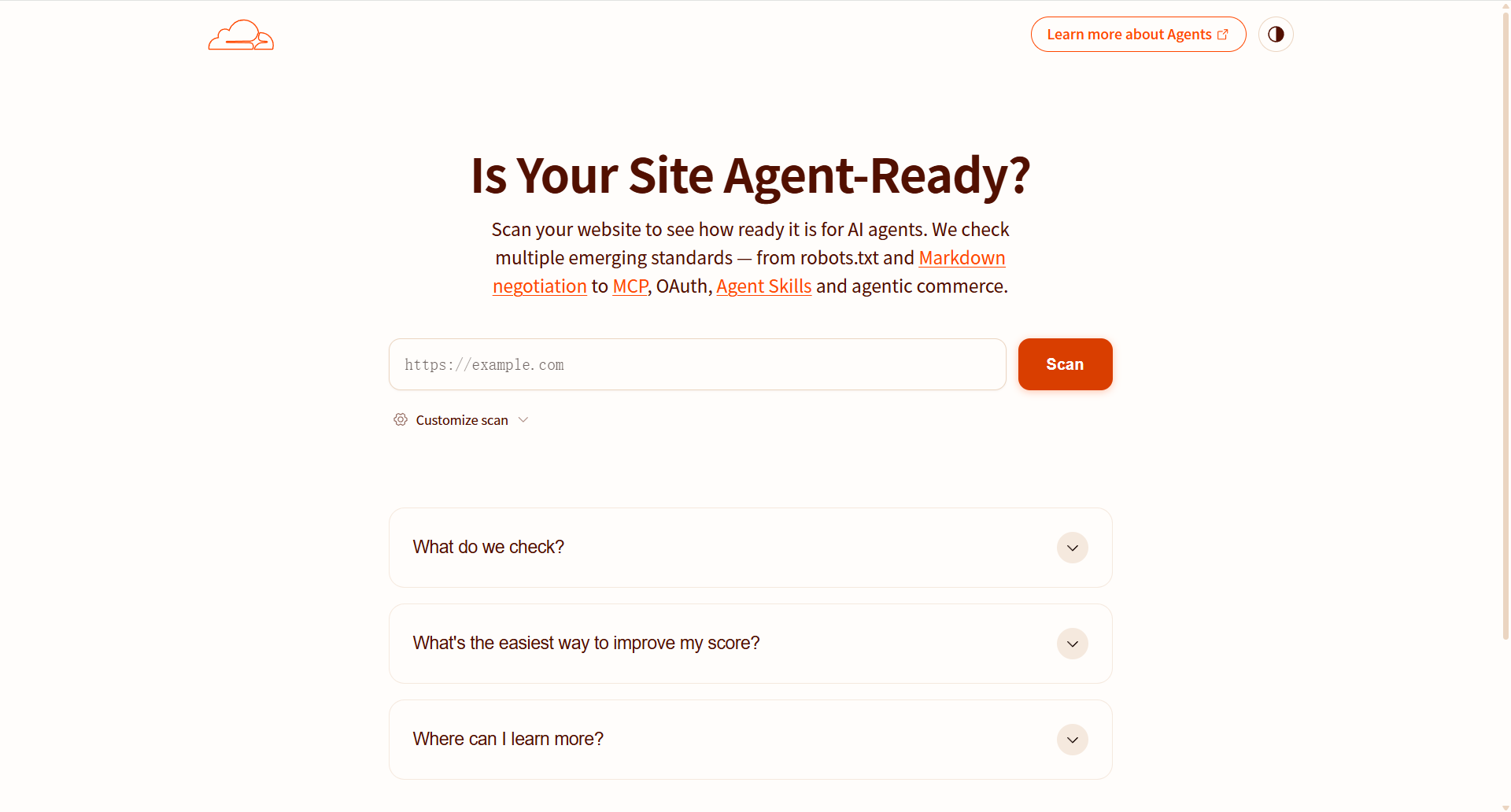 Is Your Site Agent Ready tool dashboard showing AI crawler accessibility analysis results