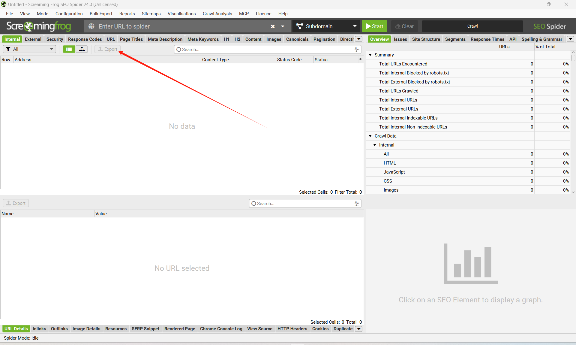 Screaming Frog export dialog showing options to download crawl data as Excel or CSV file