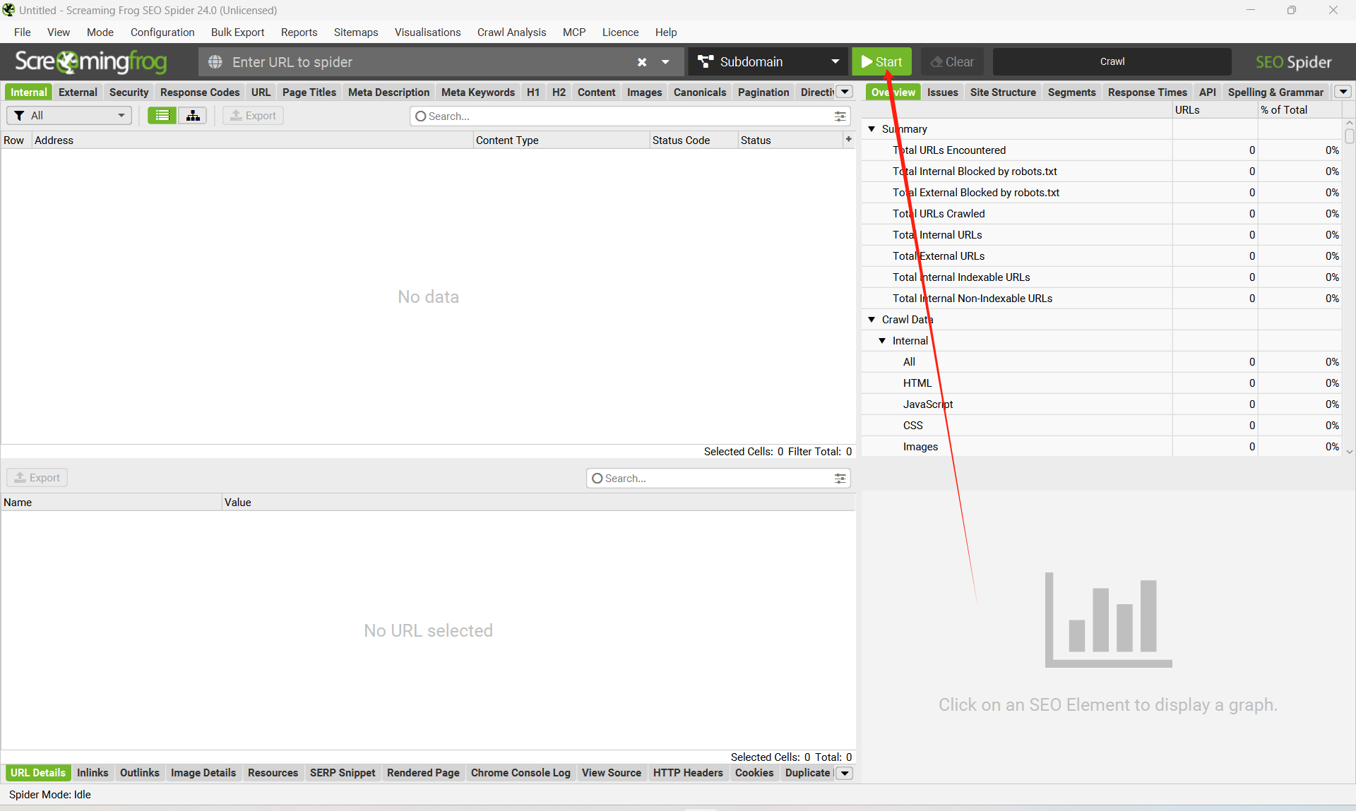 Screaming Frog crawl progress bar showing the crawler fetching pages from the website